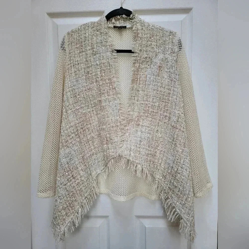 Alberto Makali Asymmetrical Fish Net Long Sleeve Fringe Cardigan Size M